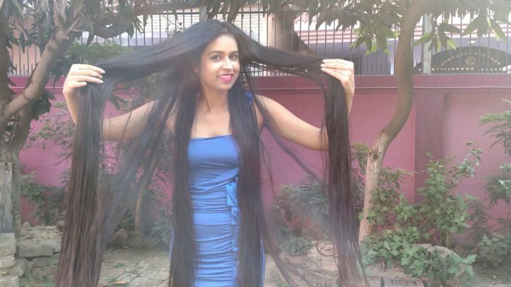 Maitreni Mishra - Wet Hair Combing, Playing & Braiding in Blue Dress