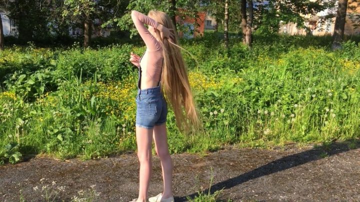 Kristina's Beautiful Hairplay in Nature with her Knee Length Blonde Tresses