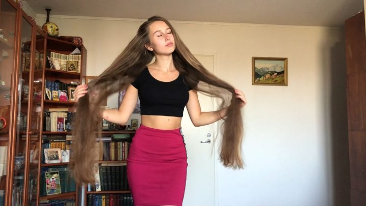 Sensual Hair Brushing in Pink Dress (Buns, Ponytails, Flaunting)