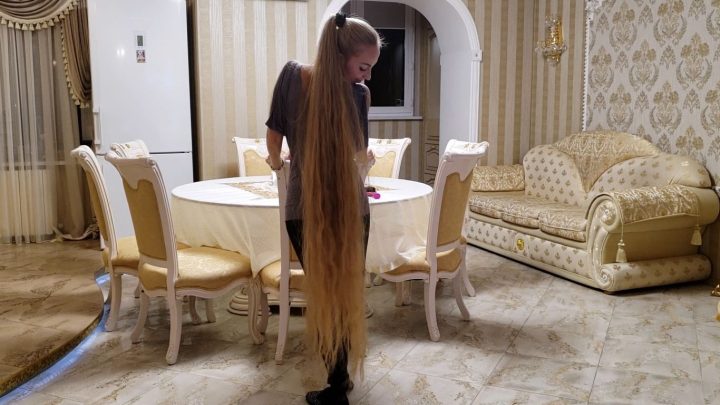 Floor Length Rapunzel Alena's Sensual Hair Play in Dining Room