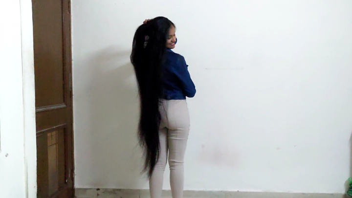 Closeup Hair Play, Huge Buns, Combing, Ponytails with Below Knee Length Healthy Hair