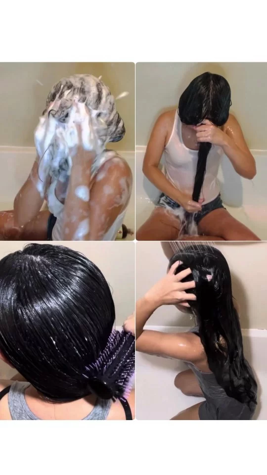 🧖🏻‍♀️🫧Long Hair Washing, Foaming, and Conditioning in the Bathtub Experience 🧴🛁

Seeing long and very long hair getting washed is always special, inspiring and beautiful as well as calming. Jenny's black hair being washed is so beautiful, and it shows another aspect of long hair and what it actually takes to keep it clean, and she loves to show it. 😃

This video consists of two similar parts. The first part is 10 minutes and the second part 11 minutes and she wears different clothing.

She starts with shampooing her hair very thorough, meanwhile she smiles cheerfully.
She massaged the rich, creamy shampoo and conditioner into her locks and turned it into a lather.

She rinsed her hair with plenty of water, and next, she applied a generous helping of conditioner, letting it sit for a few minutes before rinsing it out.
➖
📲 #longhaircollection #lhcvideo